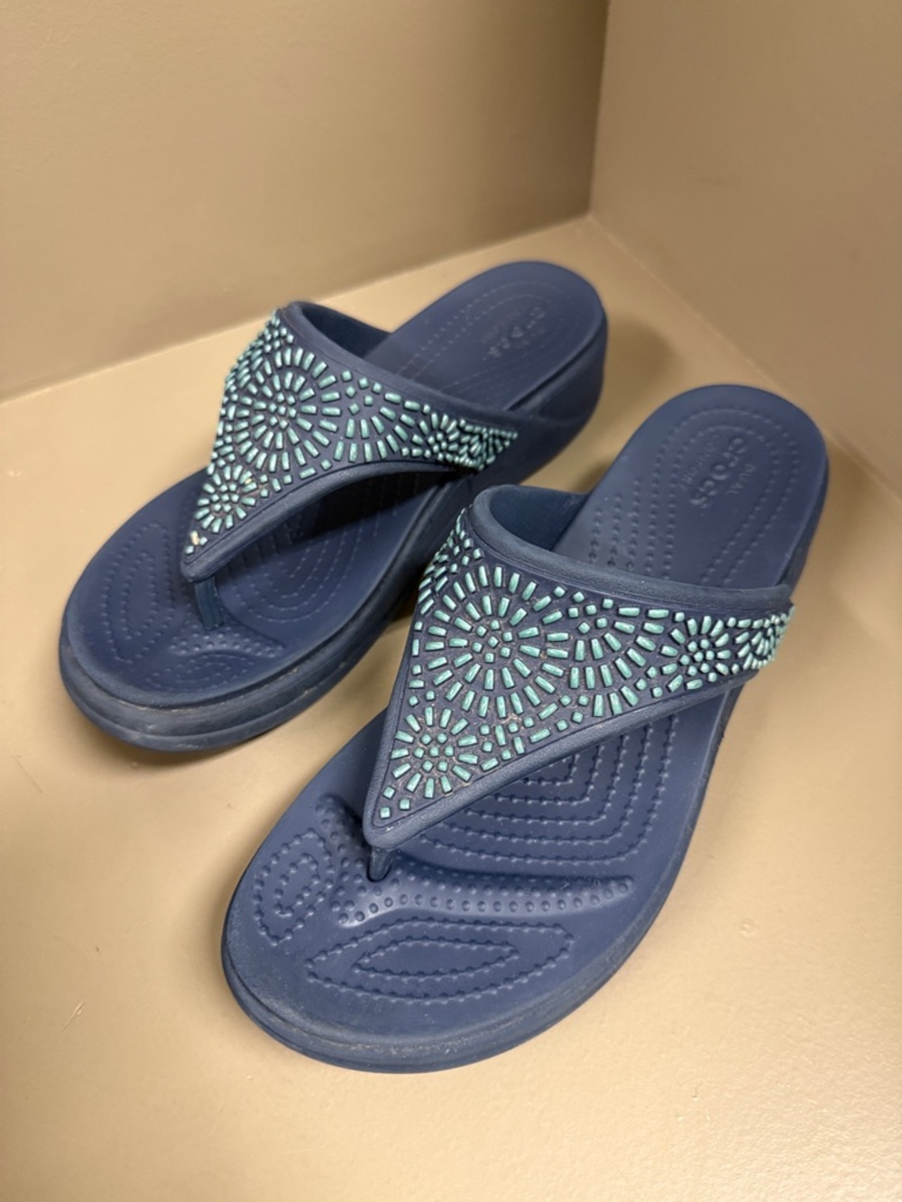 Crocs Navy Blue Light Blue Beaded Embellished Flip Flop Sandals